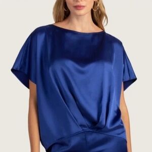 Trina Turk 'Pastilla' Short-Sleeve Satin Top, Majorelle Blue